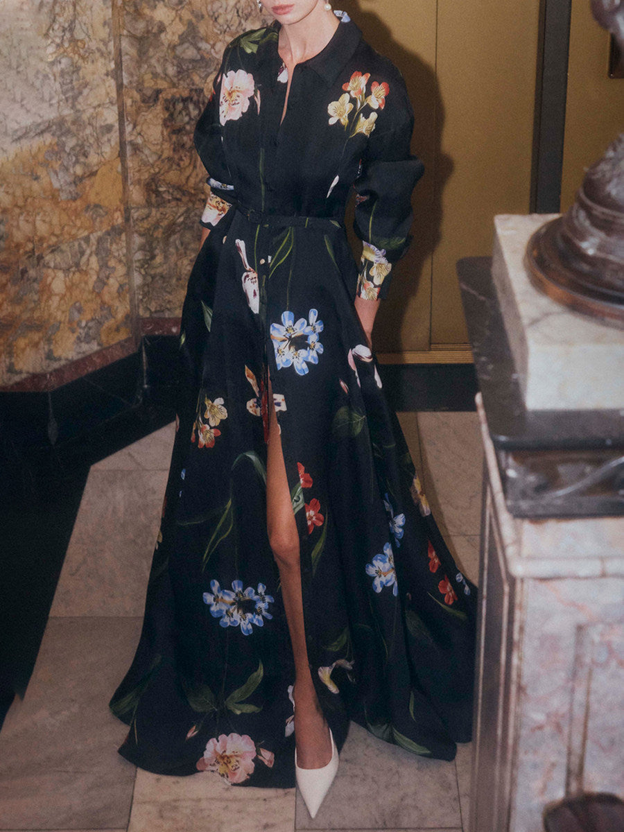 Black Floral Print Shirt Maxi Dress with Slit