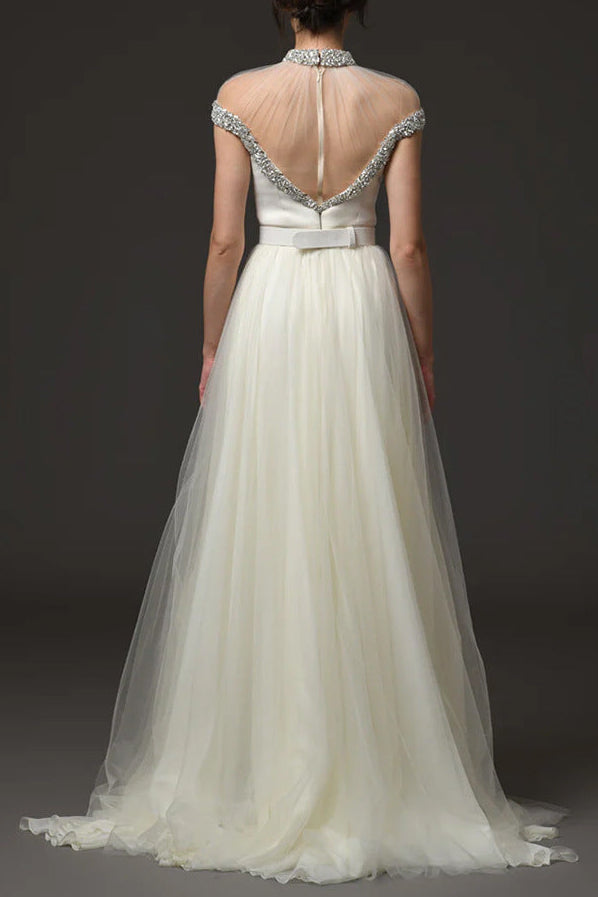 Mesh-Paneled Rhinestone-Embellished Maxi Dress - White
