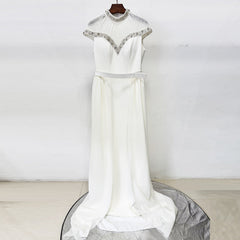 Mesh-Paneled Rhinestone-Embellished Maxi Dress - White