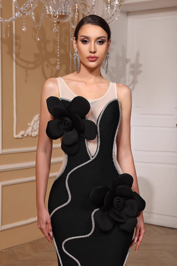 Diamond 3D Flower Sequin Bandage Maxi Dress in Black