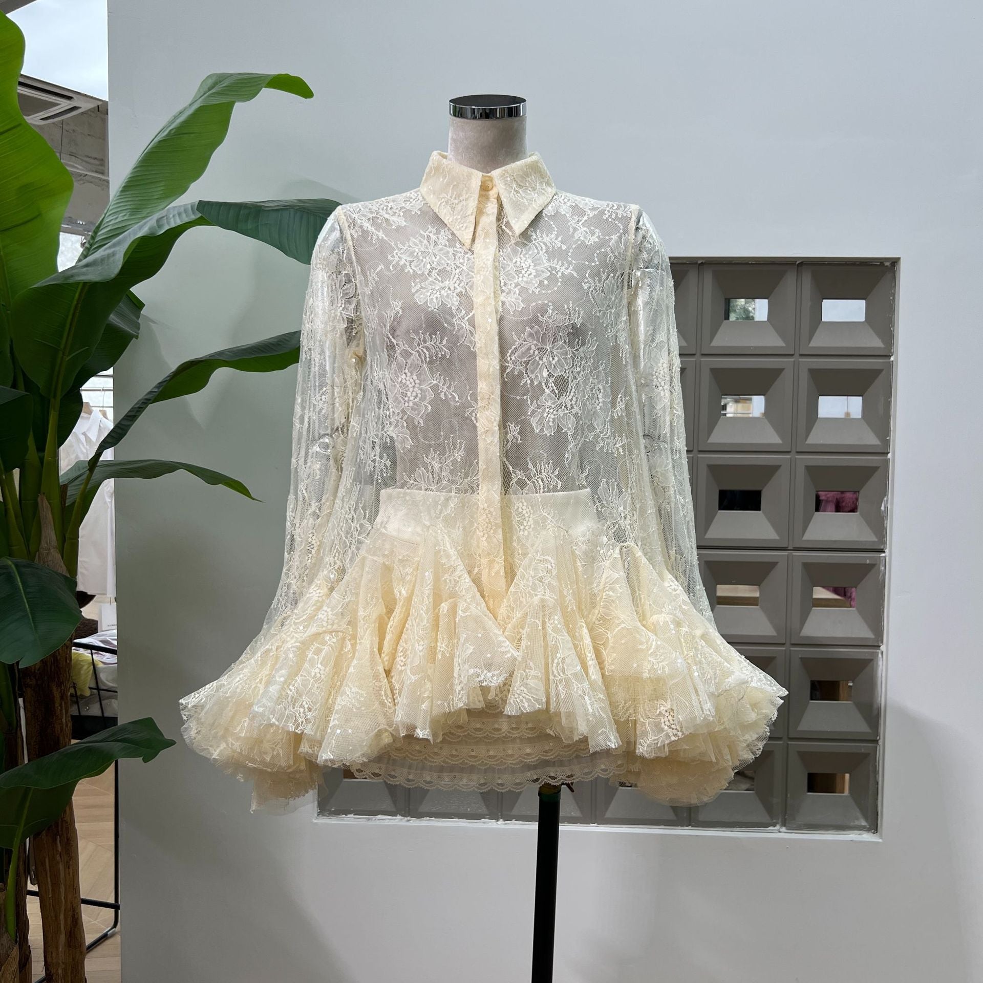 Mesh Lace Ruffled Sleeve Shirt Dress Shorts Set