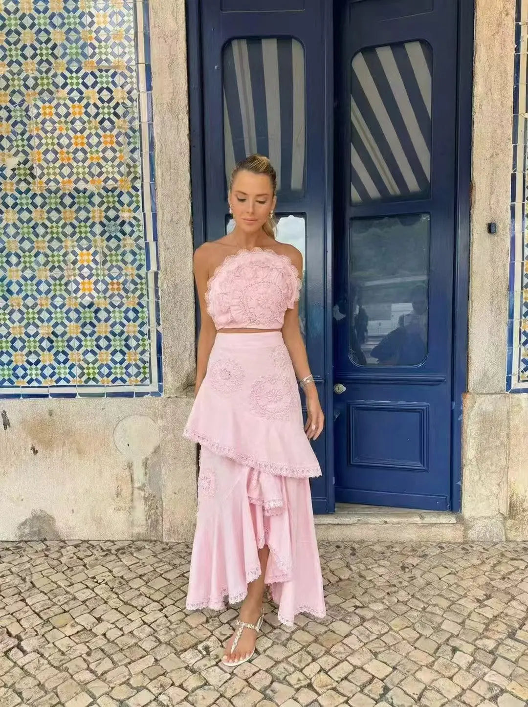 Ruffled Top Floral Embroidered Skirt Set - Pink