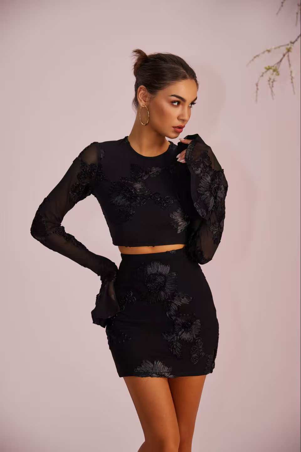 Two-Piece Embroidered Floral Backless T-shirt and Skirt Set-Black
