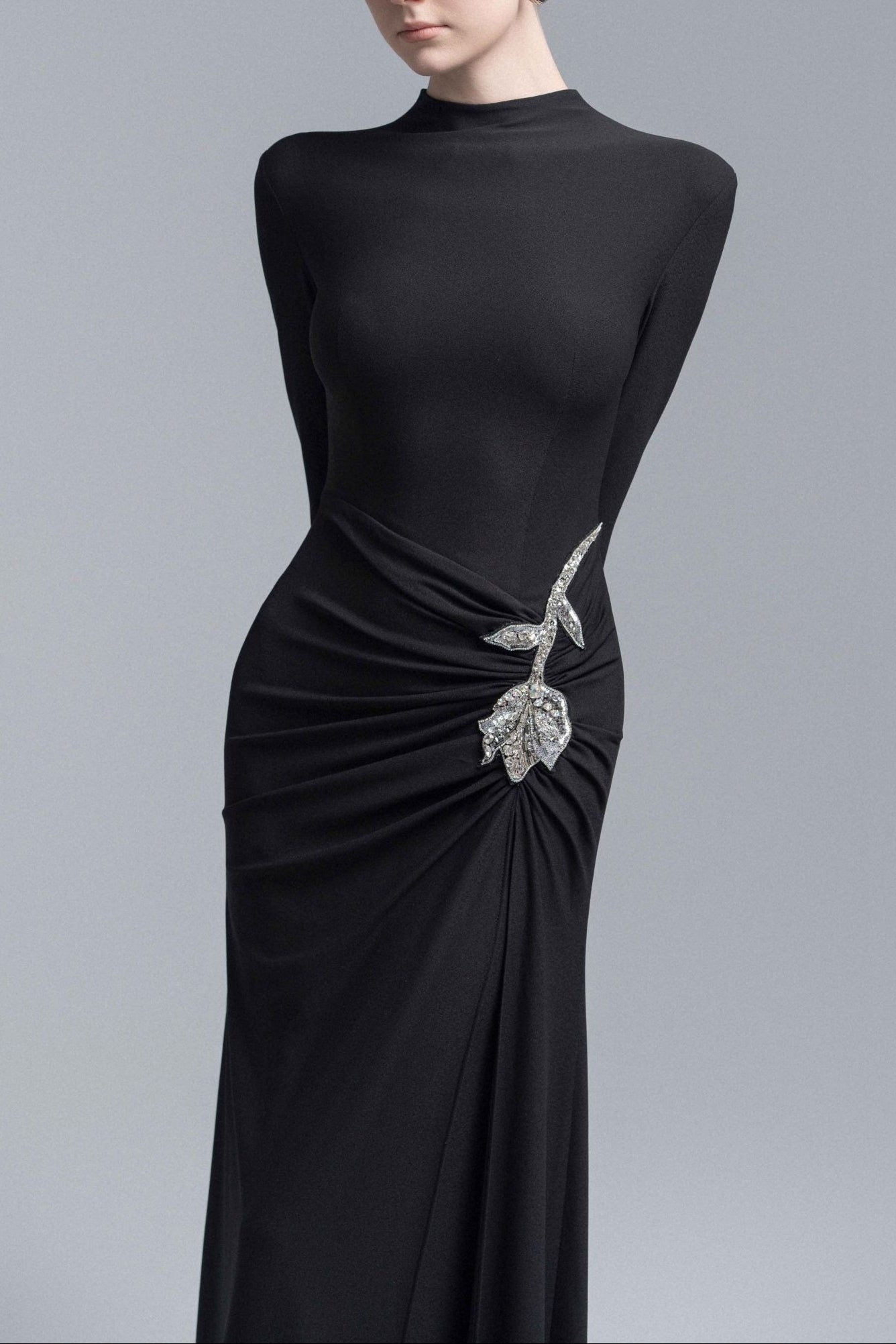 Rose Embellished Sheath Gown in Black