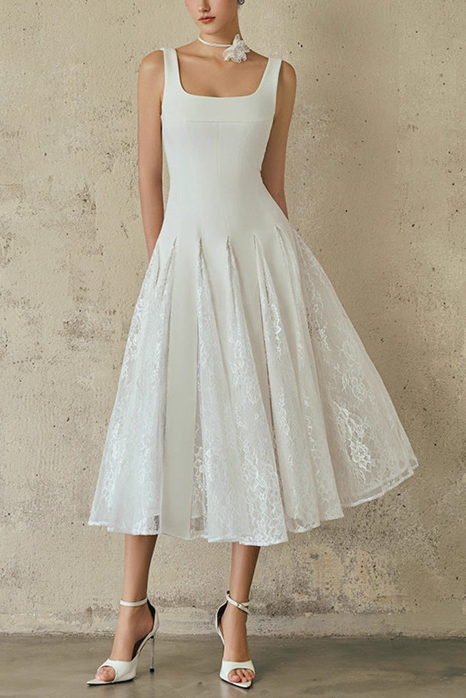 Square Neck Lace Maxi Dress in White