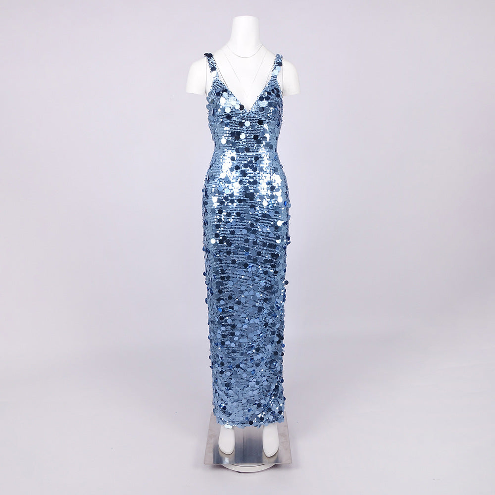 Deep V-Neck Sequin Column Gown in Blue