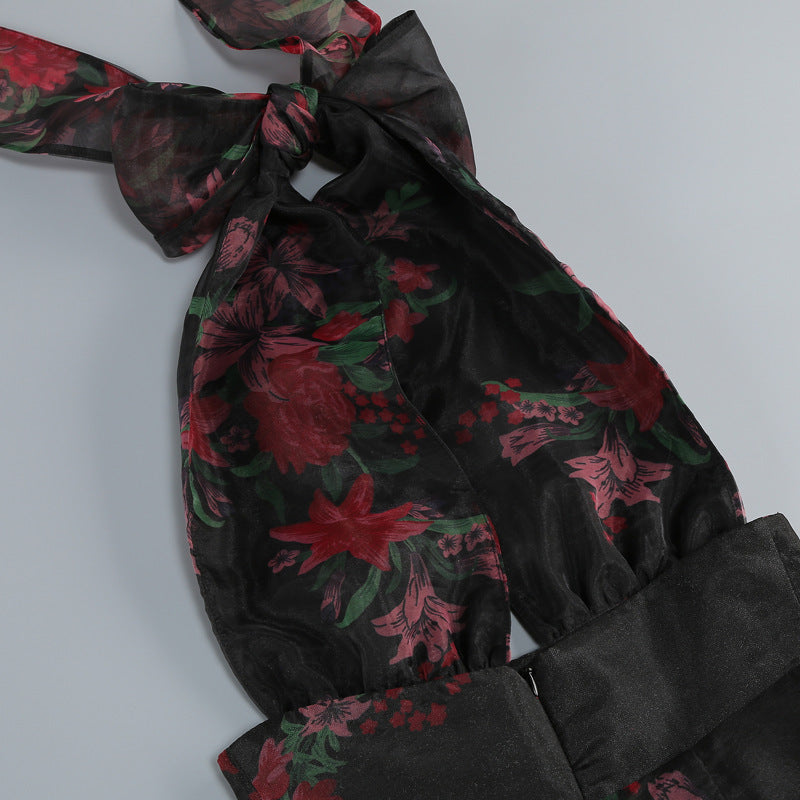 Floral Print Halter Ruffle Maxi Dress in Black