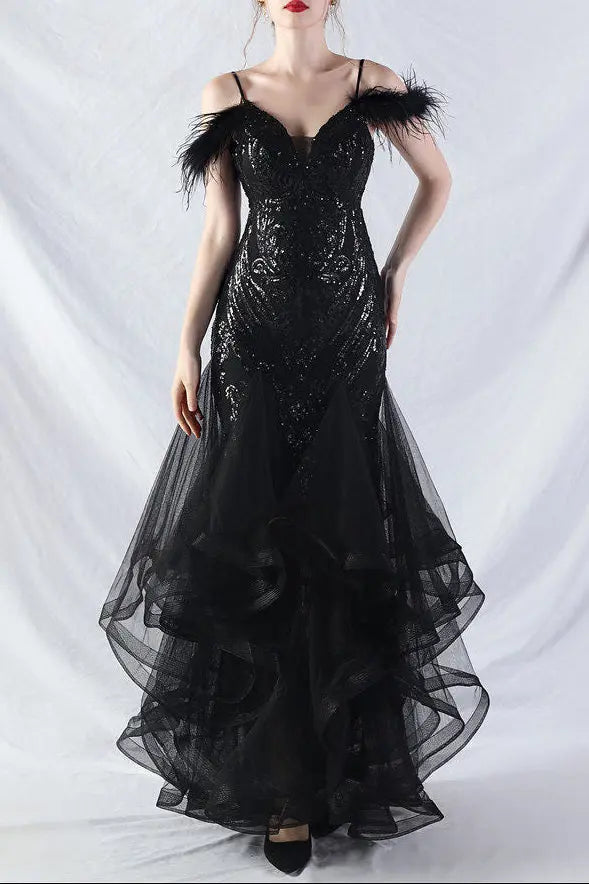 Feather Sequin Maxi Dress