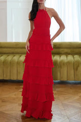 Ruffle Trim Halter Maxi Dress - Red