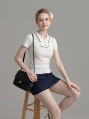 Collar Tie Ribbed Knit Short Sleeve Top