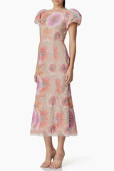 Puff Sleeve Floral Midi Dress in Pink