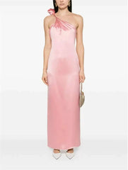 One-Shoulder 3D Flower Satin Maxi Dress in Pink