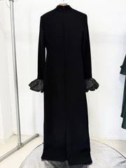 Black Ruffled Crystal-Embellished Crepe Mock-Neck Gown