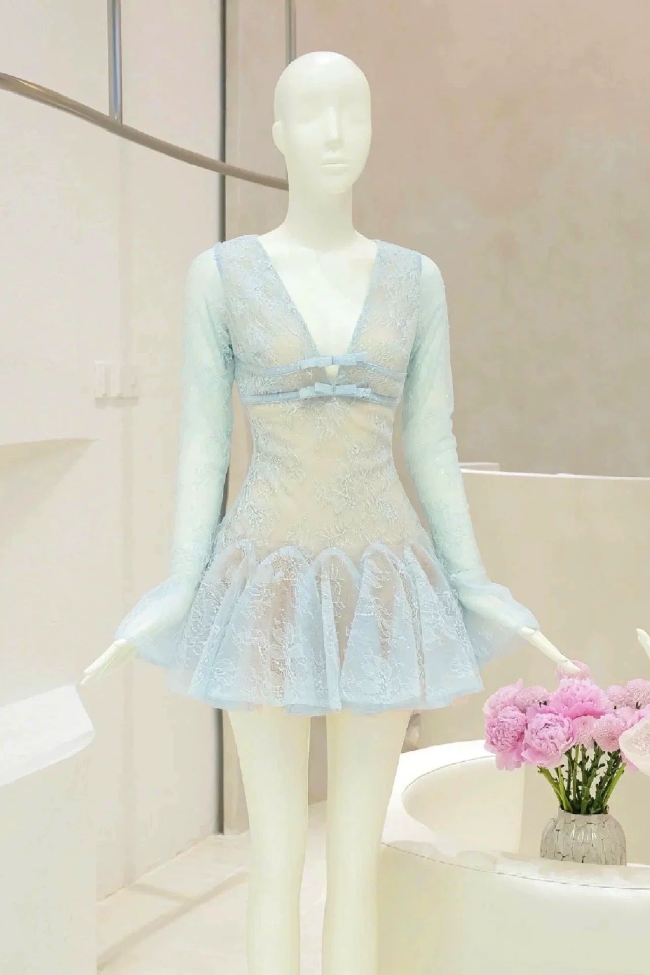 Long-Sleeve V-Neck Lace A-Line Mini Dress in Blue
