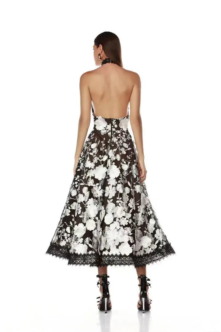 Black Halter Floral Embroidered Midi Dress