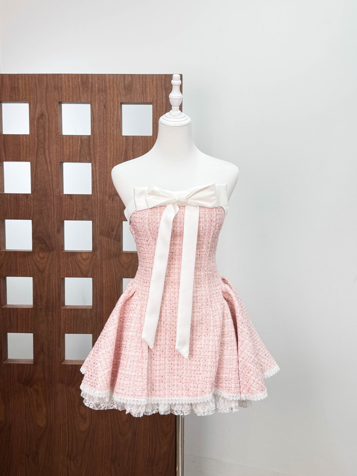 Woven Lace Top Mini Dress in Pink