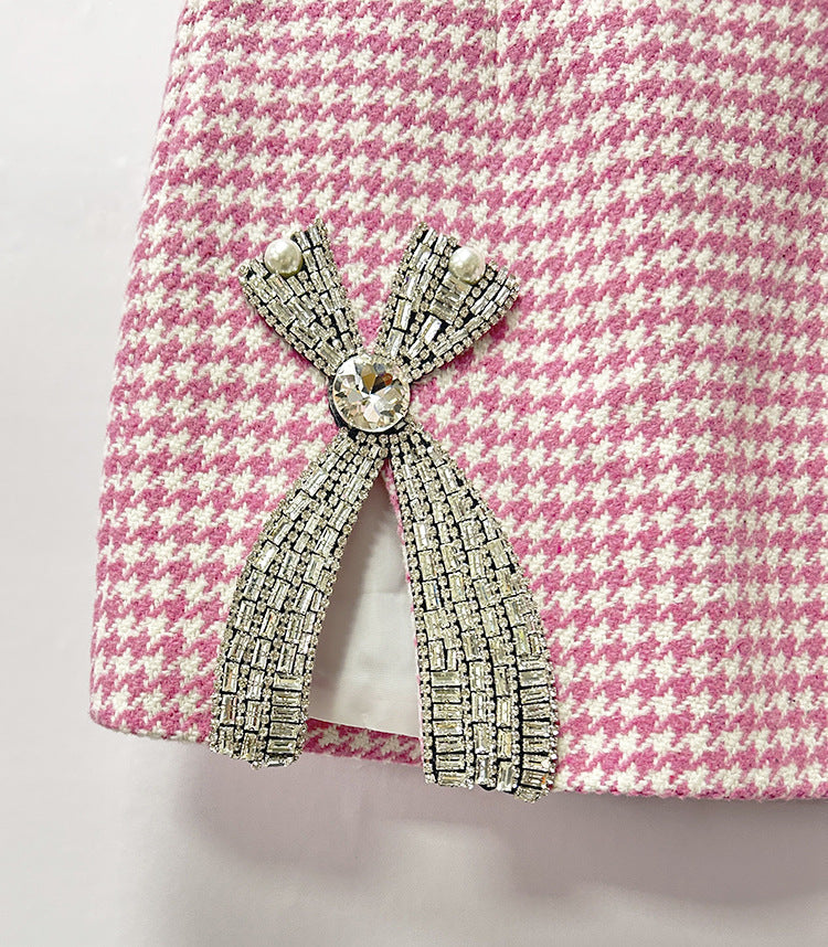 Embellished Checked Wool-Blend Blazer Set in Pink