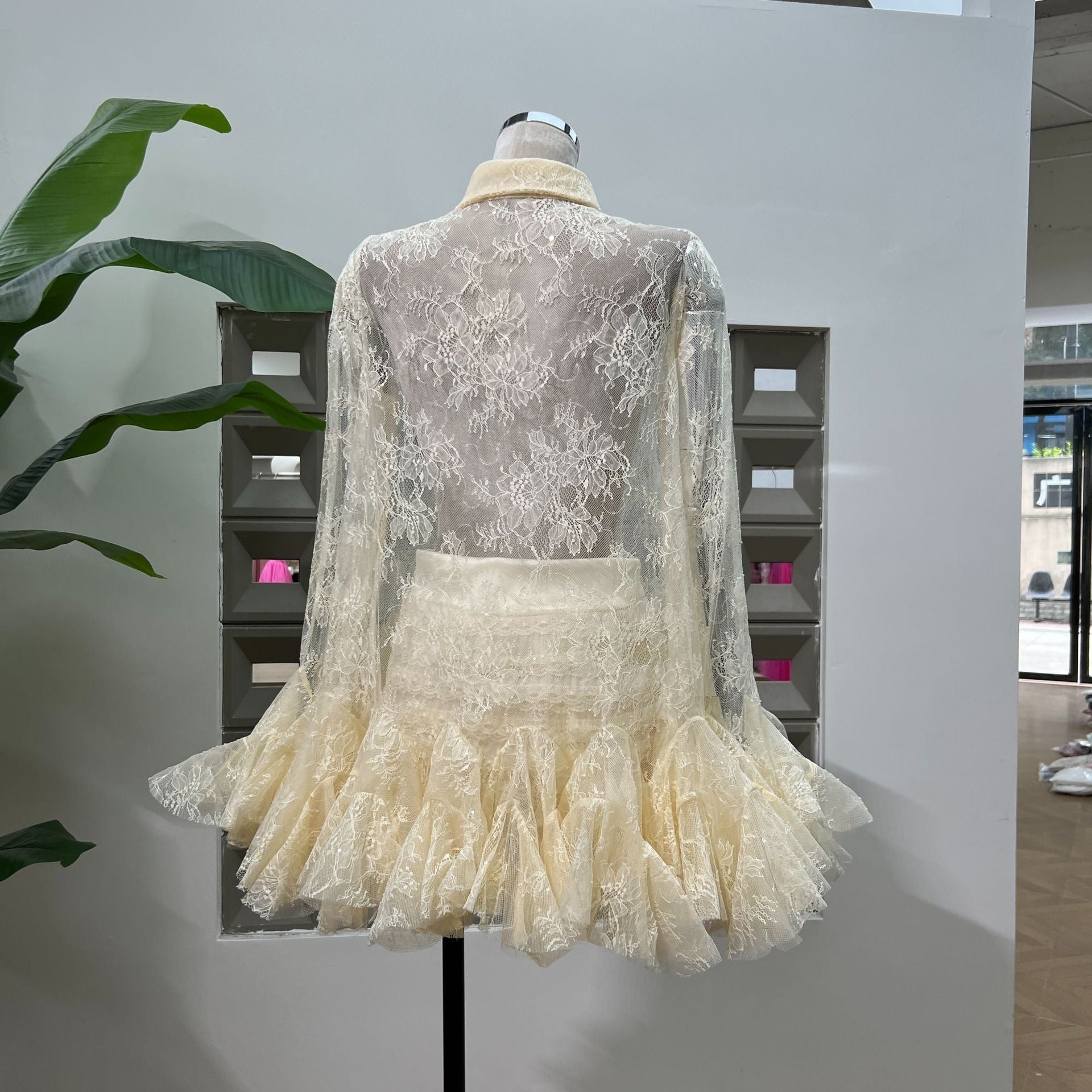 Mesh Lace Ruffled Sleeve Shirt Dress Shorts Set