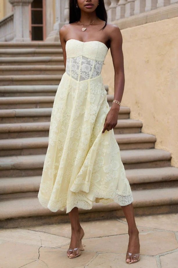 Yellow European American Style Sexy Backless Tie-Wrap Dress