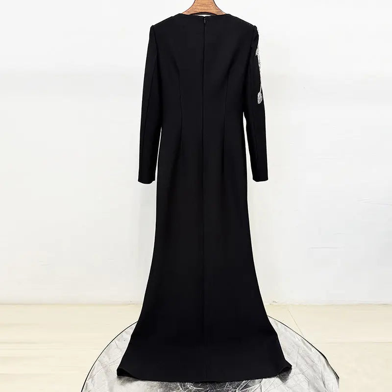 Rhinestone Orchid Floral-Embellished Maxi Dress in black