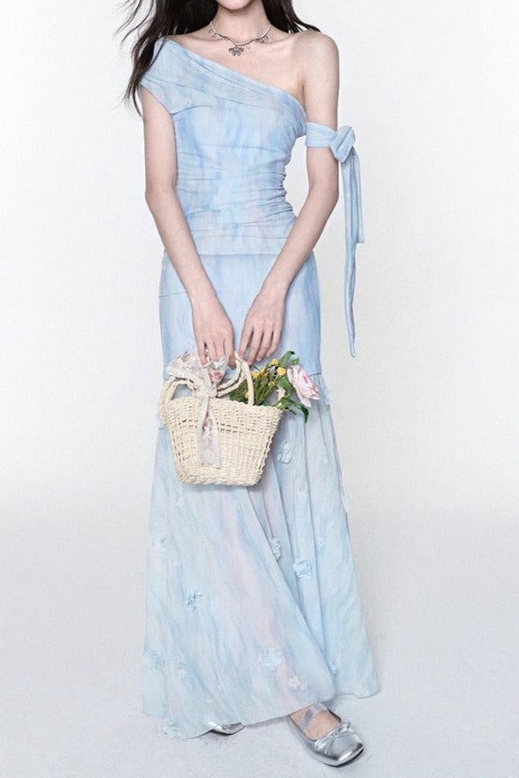 One-Shoulder Slim Maxi Dress in Blue
