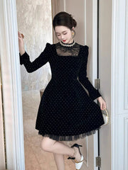 Polka Dots Long Sleeve Mini Dress in Black