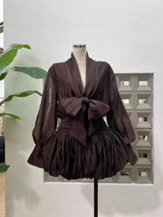 Dark Brown Tie-Neck Mini Shirt Dress