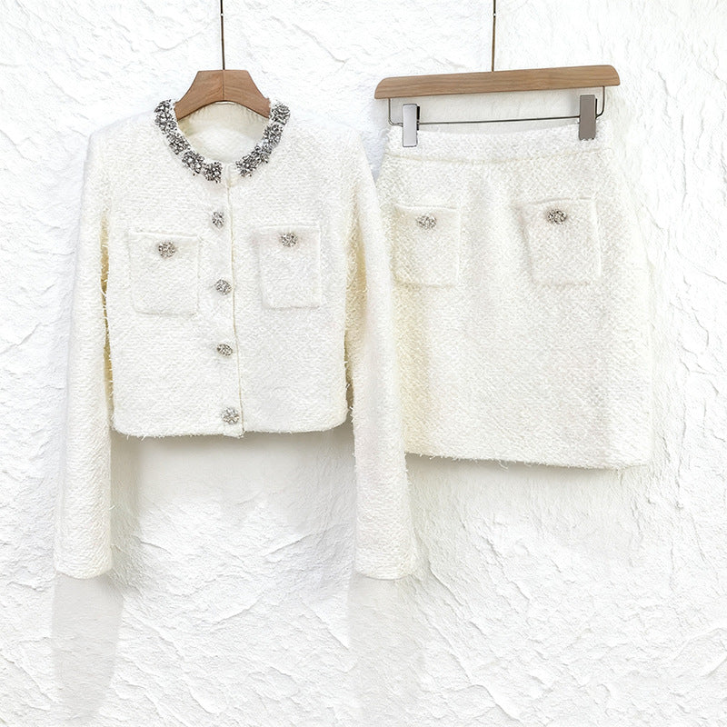 Diamond-Embellished Cardigan Skirt Set in White