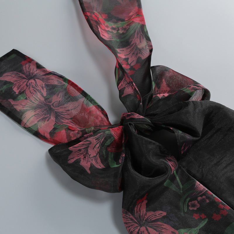 Floral Print Halter Ruffle Maxi Dress in Black