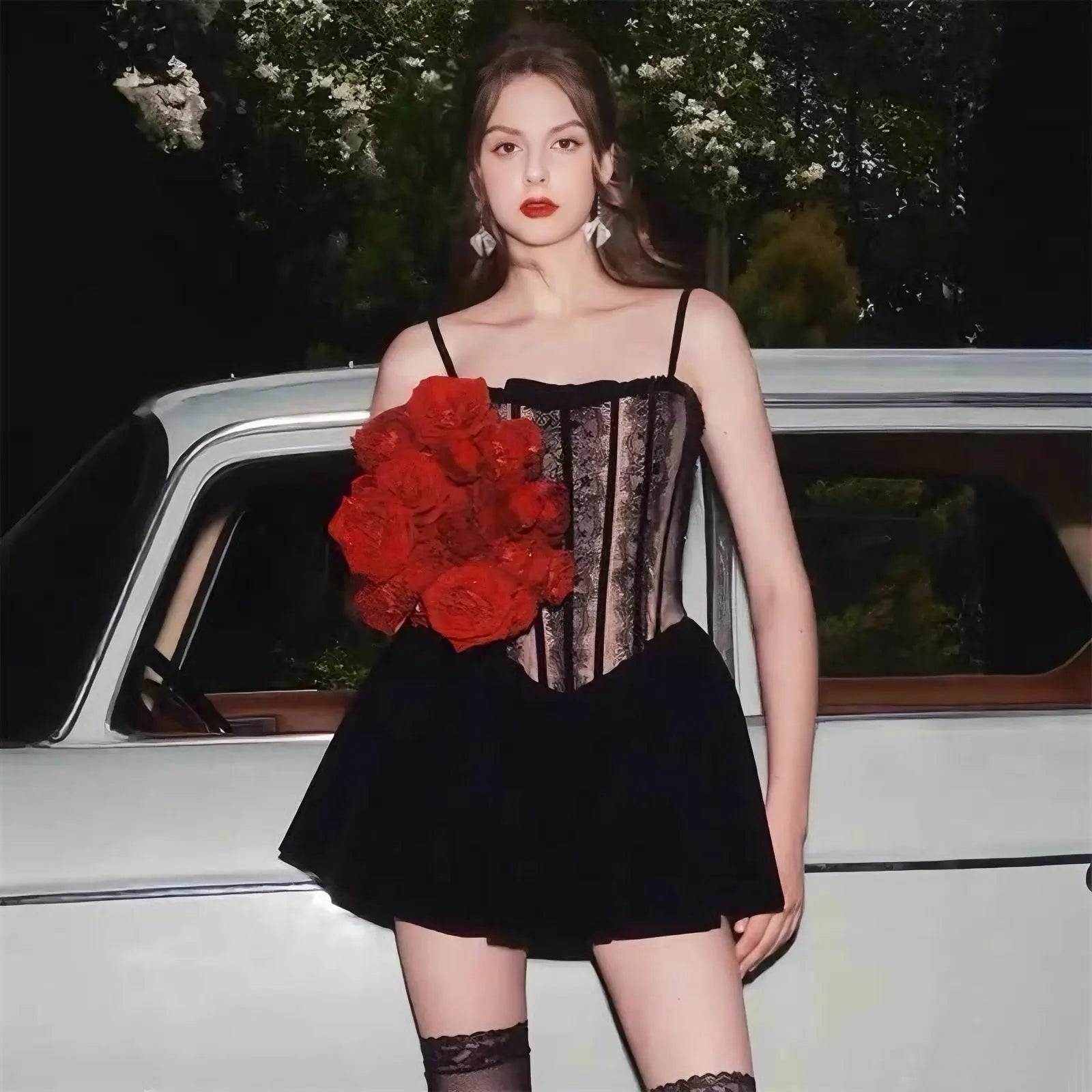 Black Corset Lace Flare Mini Dress