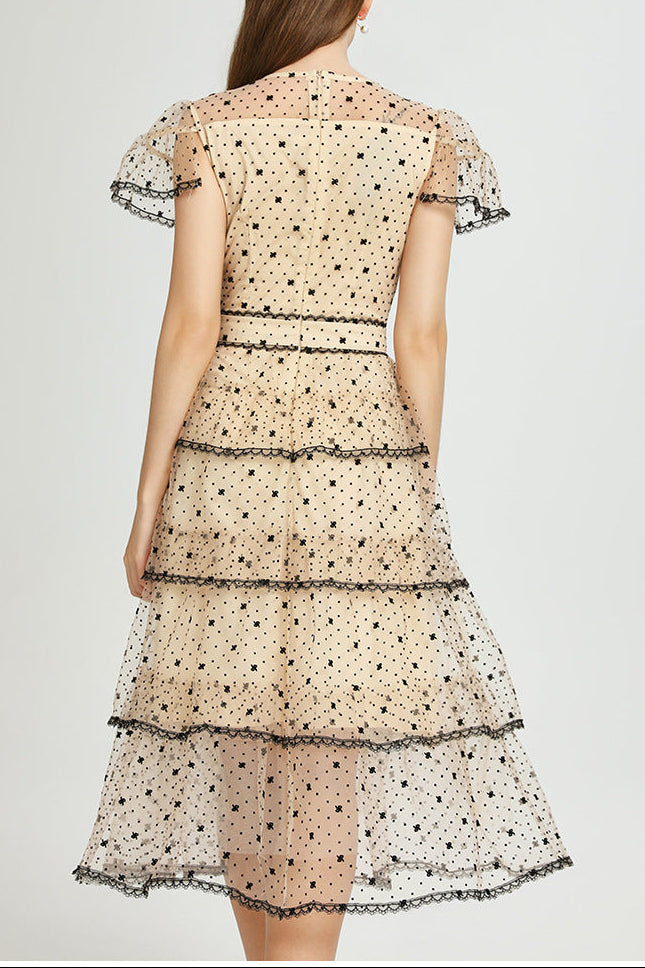 Floral Embroidery Mesh Midi Dress in Apricot
