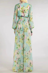 V Neck Floral Print Maxi Dress in Green