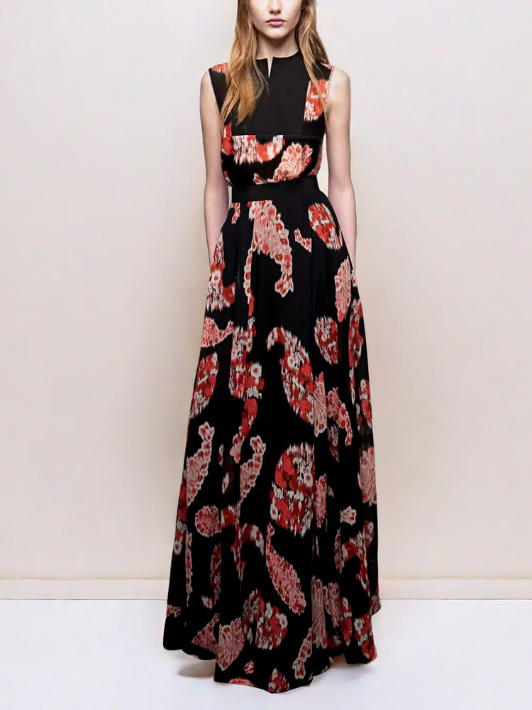 Black Printed V-neck Sleeveless Maxi Dress