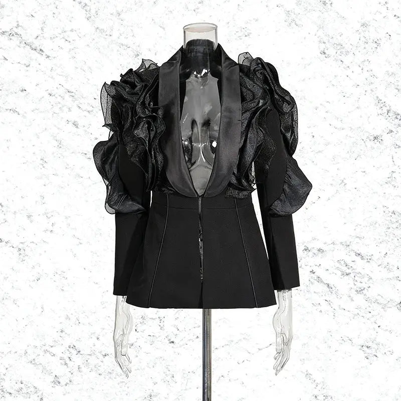 Ruffle Embellished Blazer in Black