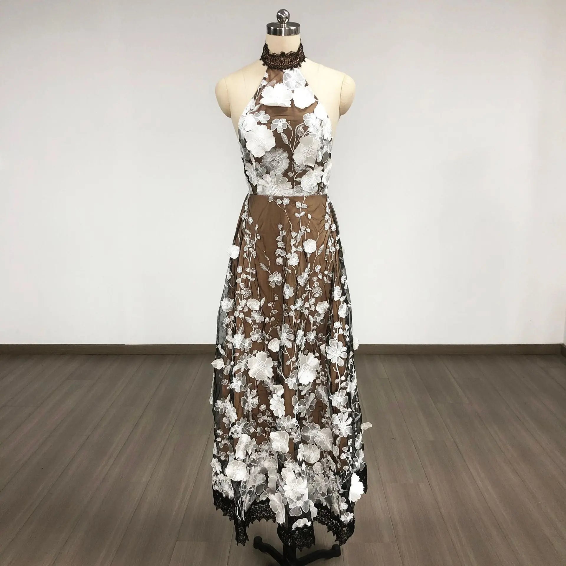 Black Halter Floral Embroidered Midi Dress