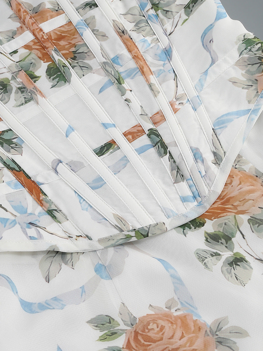 White Floral Print Fitted Corset Maxi Dress