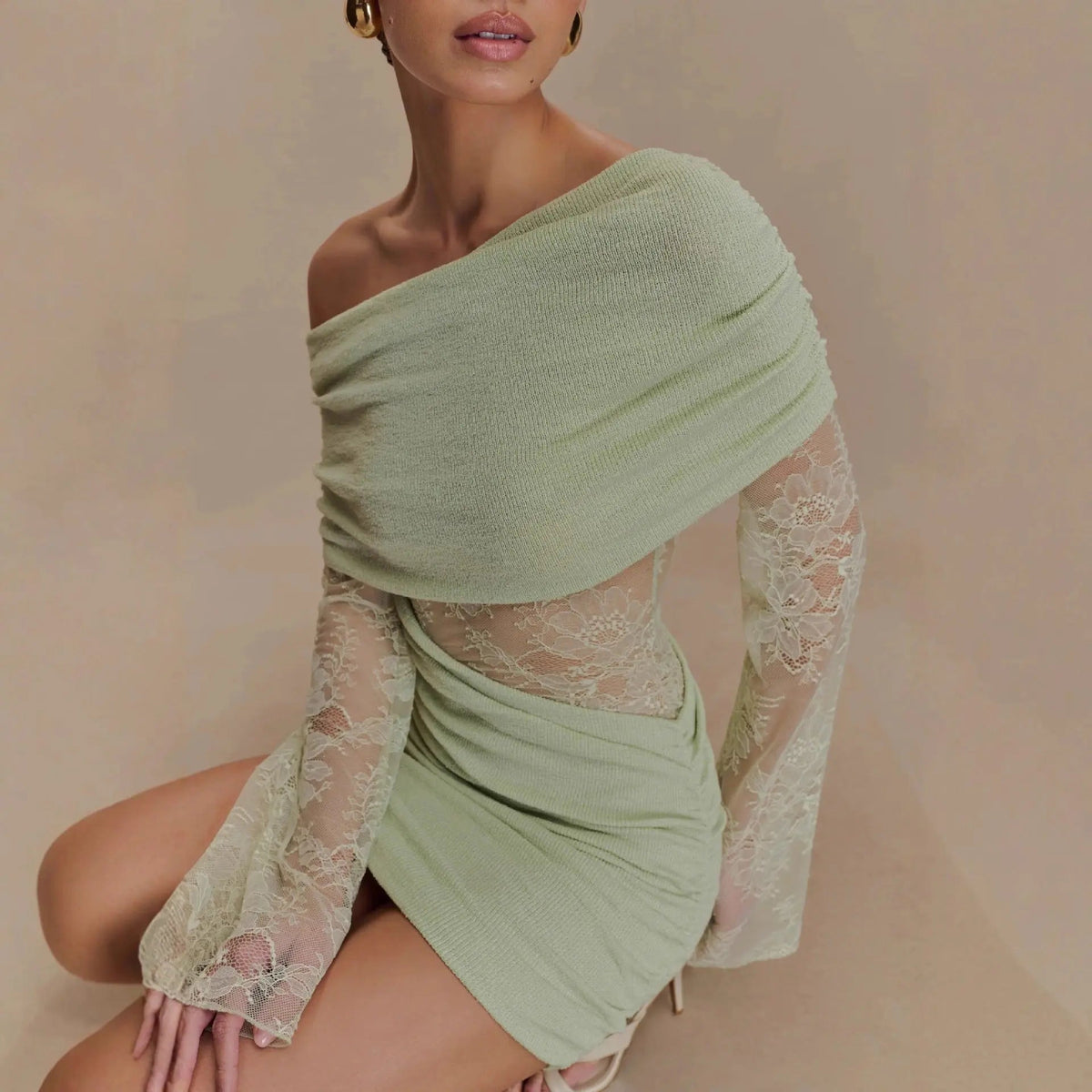 Lace Spliced Knitted Mini Dress