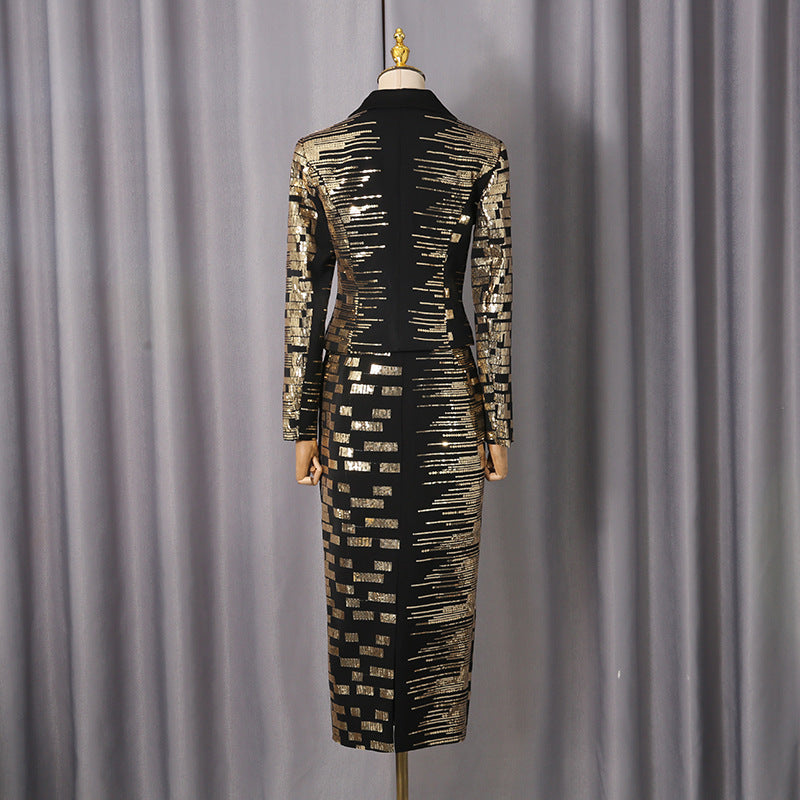 High-Waisted Skirt Gold Sequin Print Blazer Suit in Black