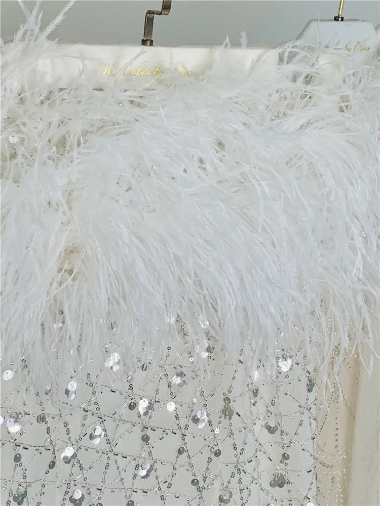 White Haute Couture Feather Sequin Dress
