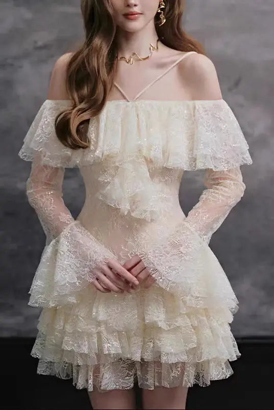 Off Shoulder Lace Ruffle Mini Dress