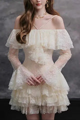 Off Shoulder Lace Ruffle Mini Dress