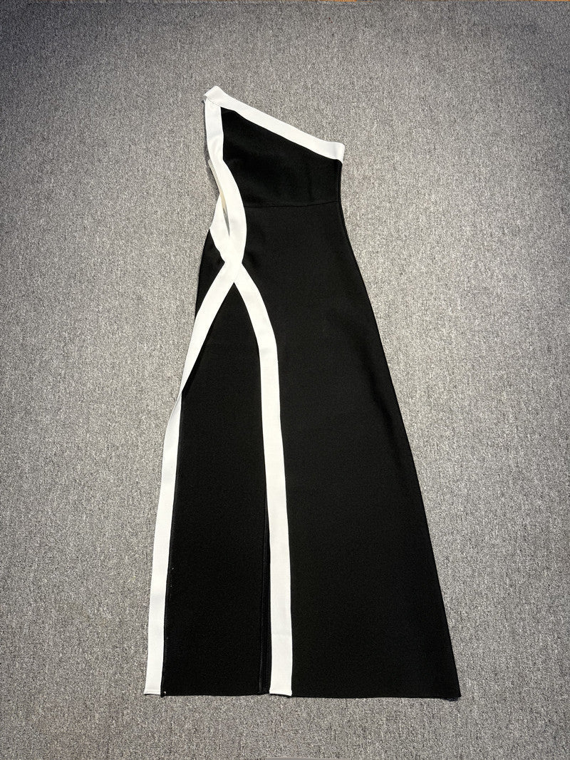 Stretch One Shoulder High Maxi Dress in Black