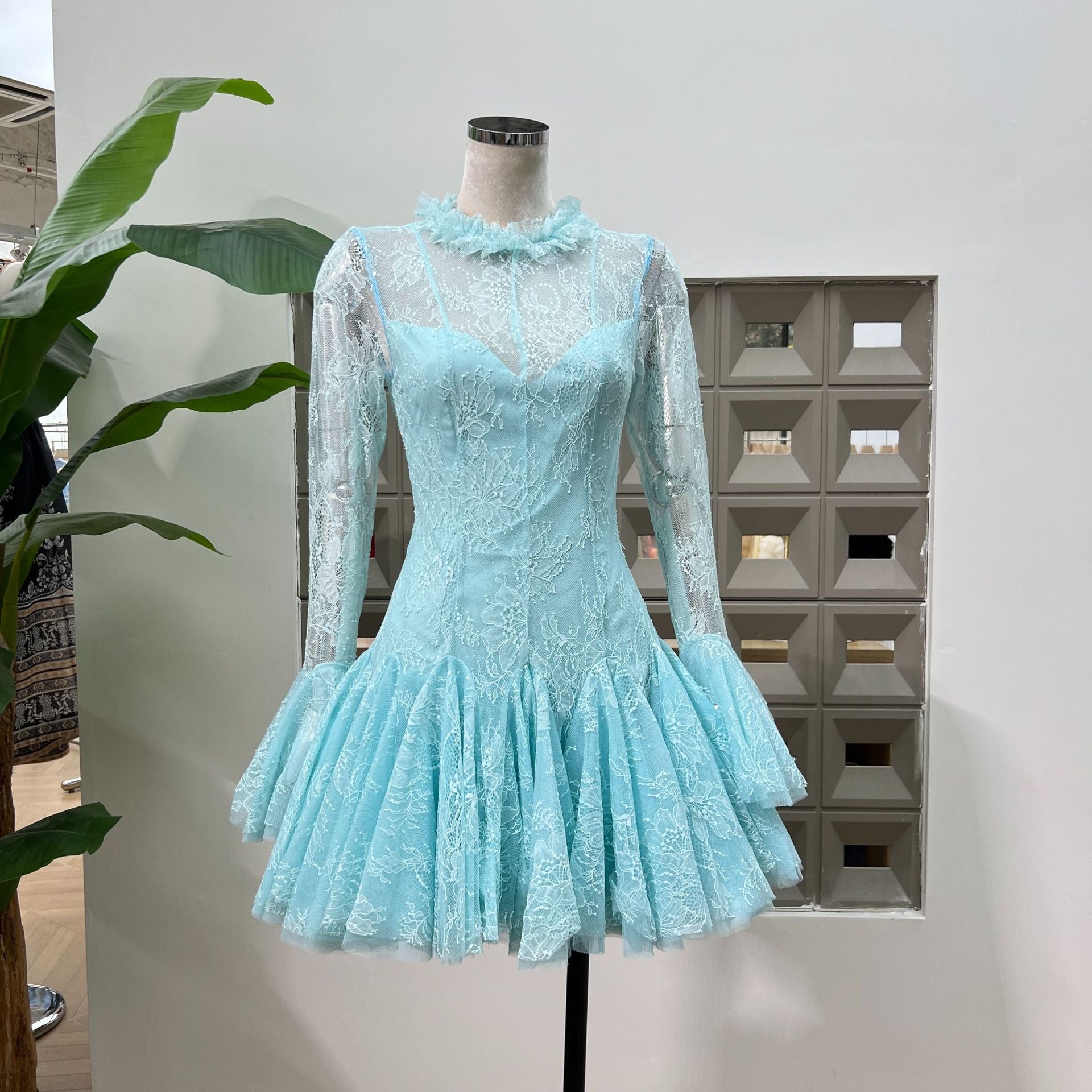 Blue Embroidered Mini Dress