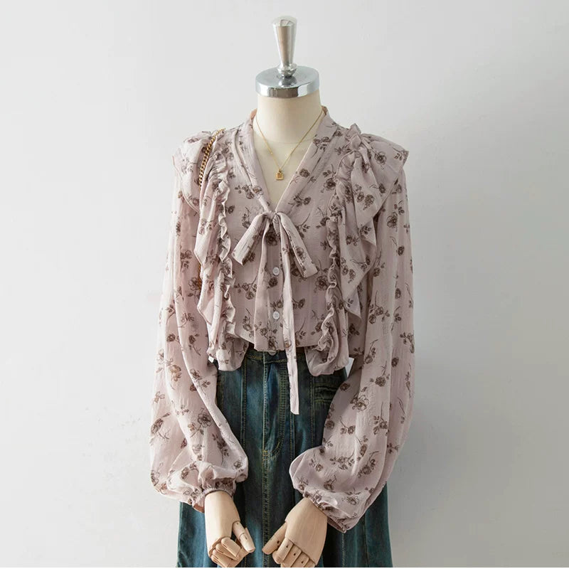 V-Neck Self-Tie Ruffle Floral Print Puff Long Sleeve Blouse