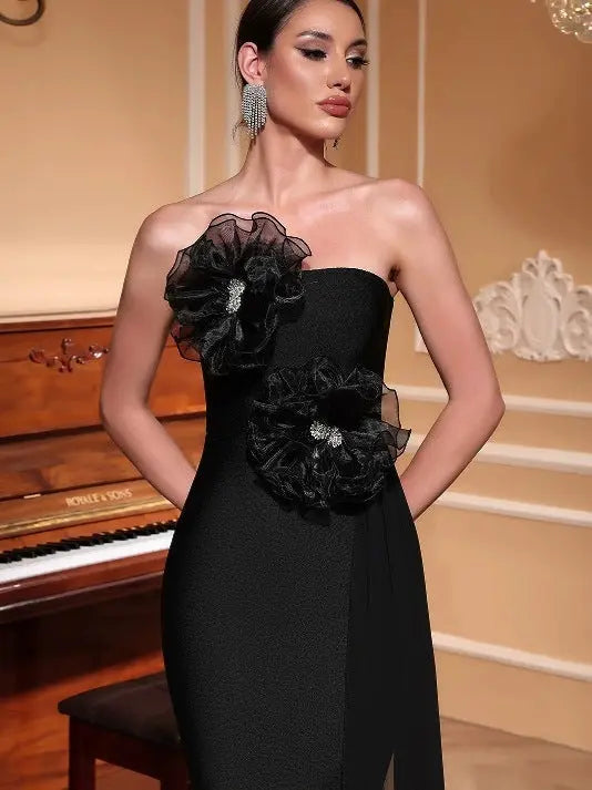 3D Flower Rhinestone Midi Dress in Black