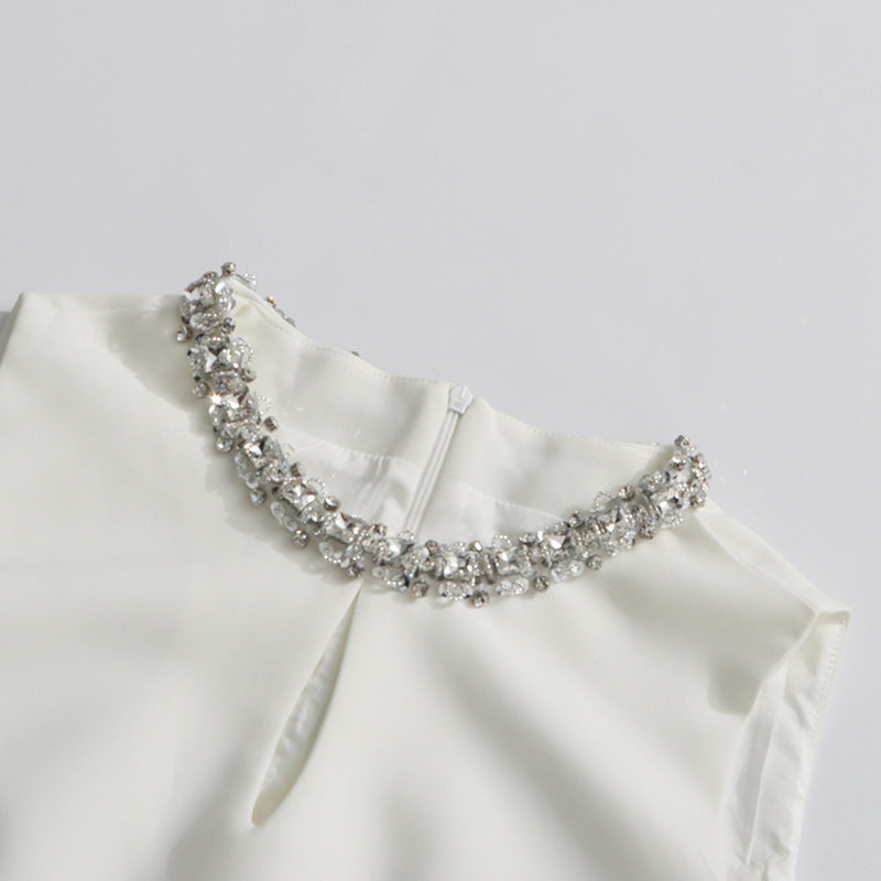 Round Neck Diamond Sleeveless Dress in White