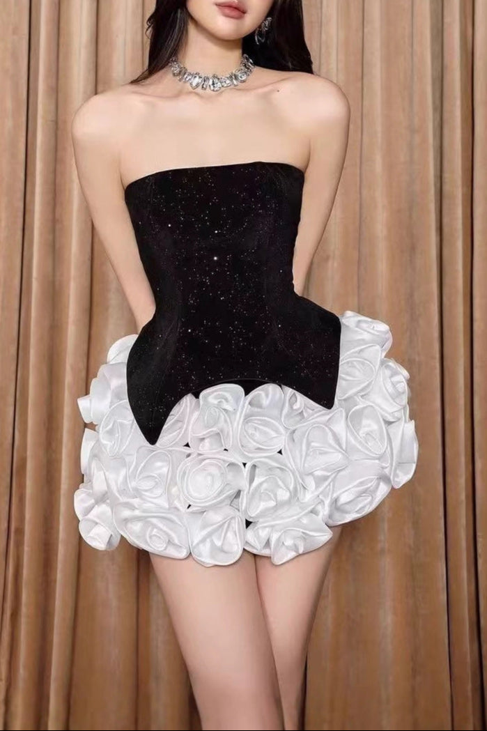 3D Flower Sequin Mini Dress in Black