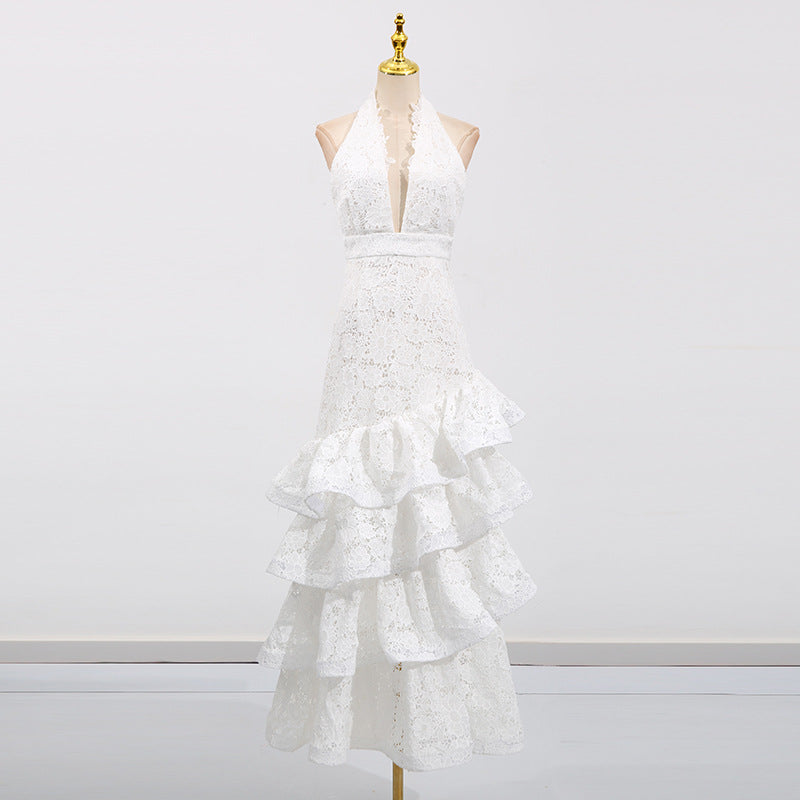 White Deep V-Neck Ruffle Trim Maxi Dress