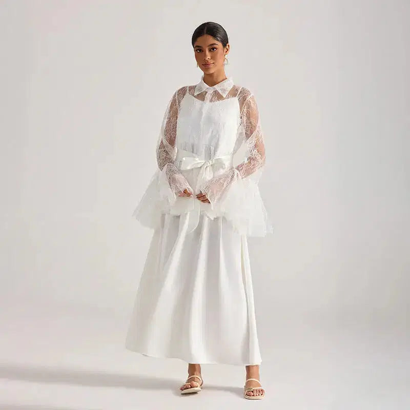 White Lace Bell-Sleeve Ruffle Embroidered Top Maxi Skirt Set