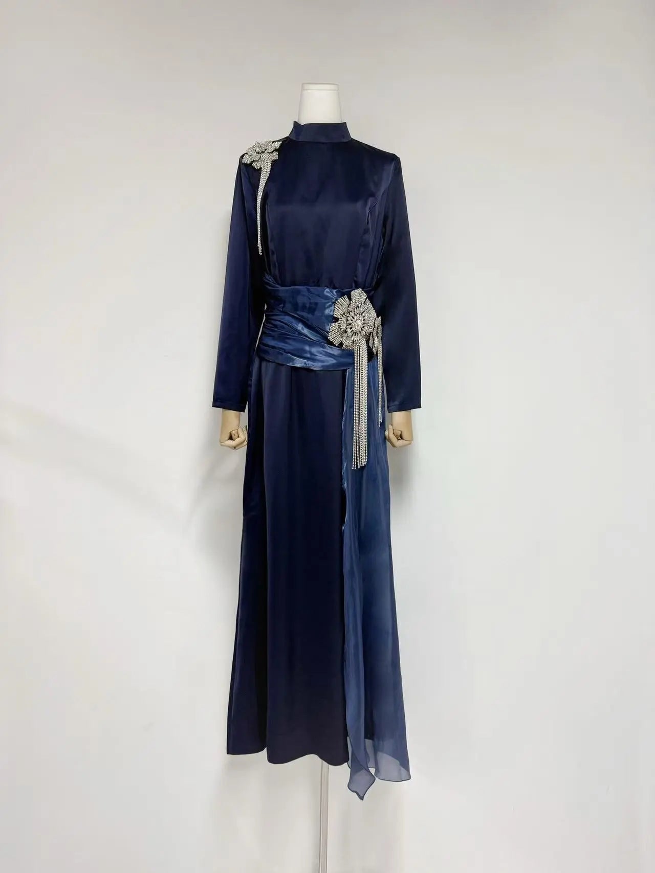 Crystal Flower Long-Sleeve Lace Maxi Dress in Blue